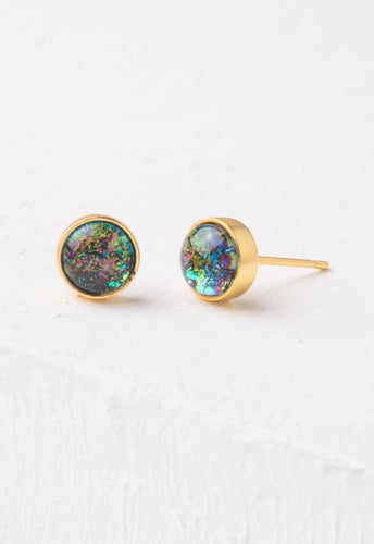 Lora Gold & Blue Opal Circle Stud Earrings