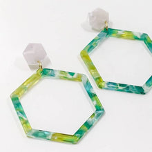 Load image into Gallery viewer, Lime + Teal Tortoise Hex Earrings