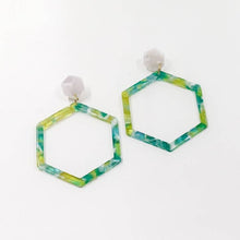 Load image into Gallery viewer, Lime + Teal Tortoise Hex Earrings