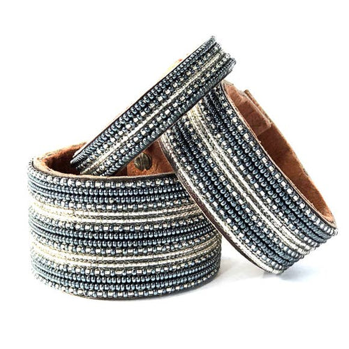 Beaded Leather Cuff Bracelet in Slate - Various Sizes