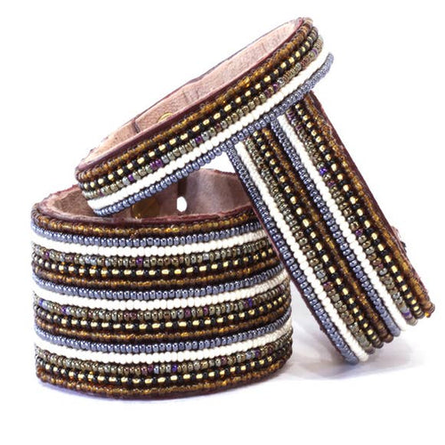 Beaded Leather Cuff Bracelet in Neutrals - Various Sizes