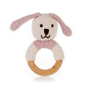 Organic Wooden Teething Ring Bunny - Crocheted Organic Cotton Stuffed Animal