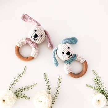 Organic Wooden Teething Ring Bunny - Crocheted Organic Cotton Stuffed Animal