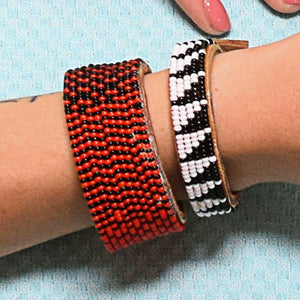 Beaded Leather Cuff Bracelet in Red & Black - Various Sizes