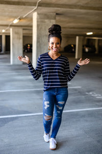 Regal Navy Blue Stripe Long Sleeve V-Neck T-shirt