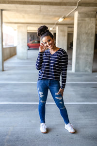 Regal Navy Blue Stripe Long Sleeve V-Neck T-shirt