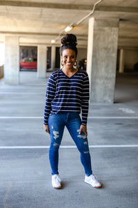 Regal Navy Blue Stripe Long Sleeve V-Neck T-shirt