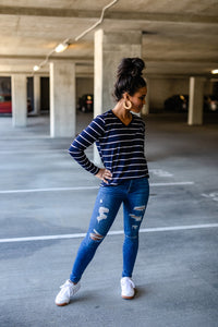 Regal Navy Blue Stripe Long Sleeve V-Neck T-shirt