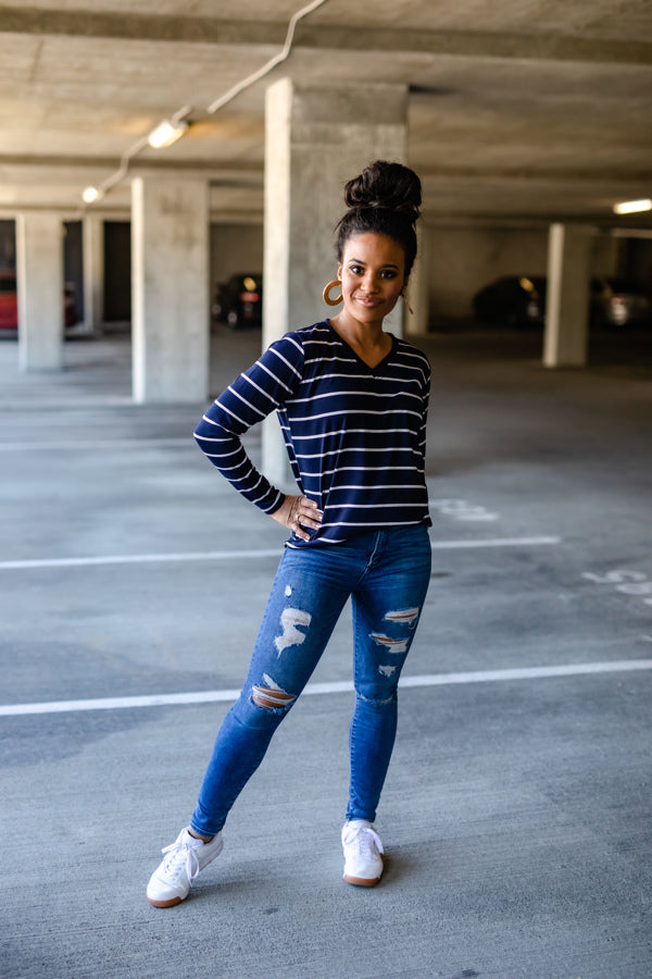 Regal Navy Blue Stripe Long Sleeve V-Neck T-shirt