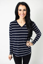 Load image into Gallery viewer, Regal Navy Blue Stripe Long Sleeve V-Neck T-shirt