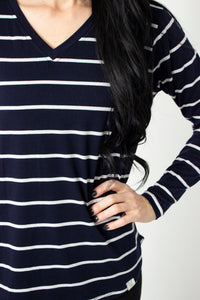 Regal Navy Blue Stripe Long Sleeve V-Neck T-shirt