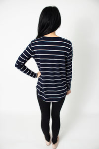 Regal Navy Blue Stripe Long Sleeve V-Neck T-shirt