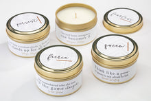 Load image into Gallery viewer, &quot;She Inspires&quot; Quote 4 oz Gold Tin Candles