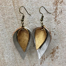 Load image into Gallery viewer, The Feuilles Double Leaf Leather Earrings - Silver &amp; Gold