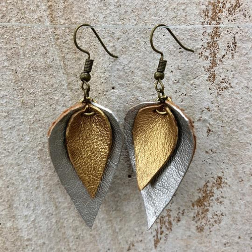 The Feuilles Double Leaf Leather Earrings - Silver & Gold