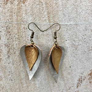 The Feuilles Double Leaf Leather Earrings - Silver & Gold
